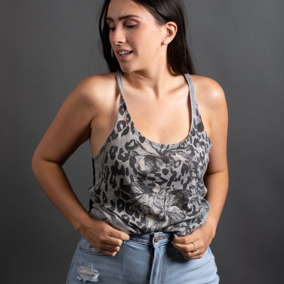 Cheetah Racer Back Tank with Lace - Picture 2 of 10